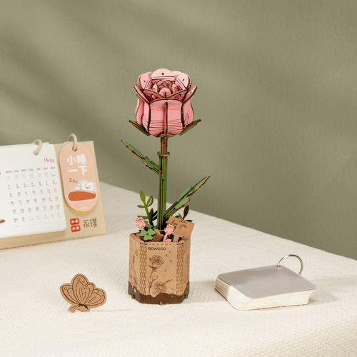 DIY Houten Bloem, Roze Roos